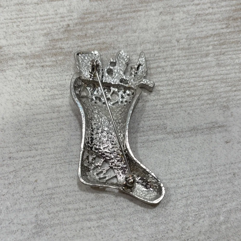 Vintage Red Enamel Silver Rhinestone Christmas Stocking Holiday Brooch Pin - Picture 6 of 6
